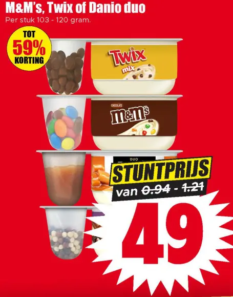 Aanbieding: M&M's, Twix of Danio duo