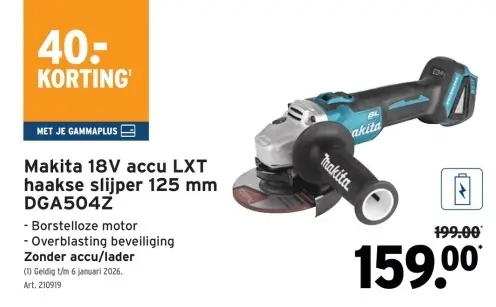 Aanbieding: Makita 18V accu LXT haakse slijper 125 mm DGA504Z