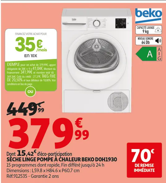 Offre: Sèche linge pompe à chaleur beko doh1930