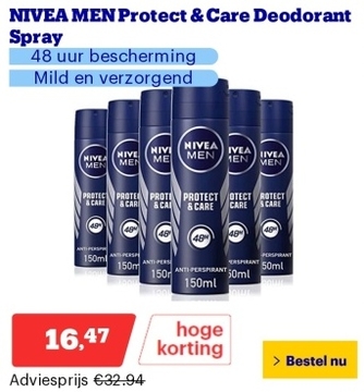 Aanbieding: NIVEA MEN Protect & Care Deodorant Spray - 48 uur bescherming - Mild en verzorgend - Alcoholvrij - Ingrediënten van NIVEA crème - 6 x 150 ml