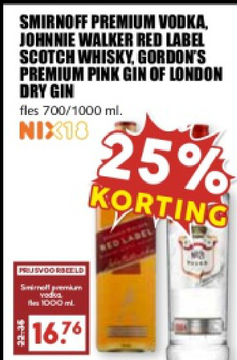 Aanbieding: Smirnoff Premium Vodka, Johnnie Walker red label scotch whisky, Gordon's Premium pink gin of London dry gin