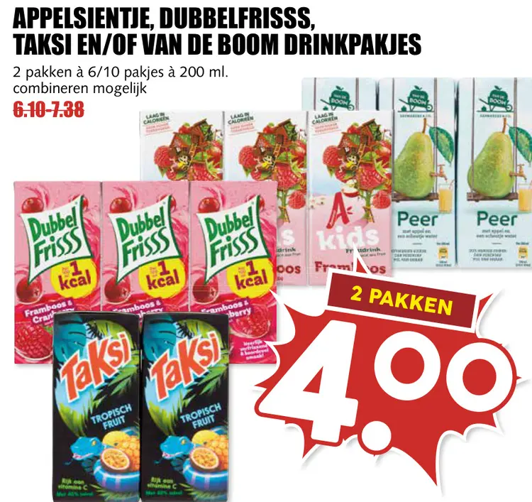 Aanbieding: Appelsientje, Dubbelfrisss, Taksi en/of Van de Boom drinkpakjes