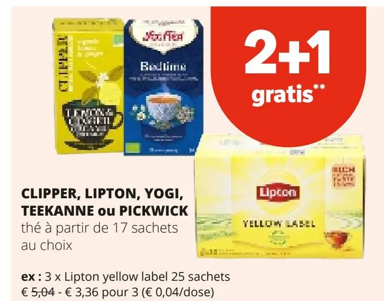 Offre: Clipper, Lipton, Yogi, Teekanne ou Pickwick thé