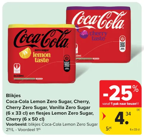 Promotie: Coca-Cola Lemon Zero Sugar, Cherry, Cherry Zero Sugar, Vanilla Zero Sugar en flesjes Lemon Zero Sugar, Cherry
