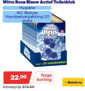 Aanbieding: Witte Reus Blauw Actief Toiletblok - Hygiëne - WC Blokjes Voordeelverpakking 20 stuks