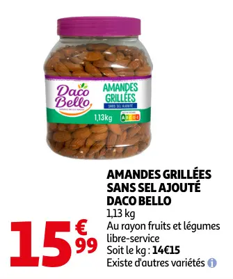 Offre: Amandes grillées sans sel ajouté
