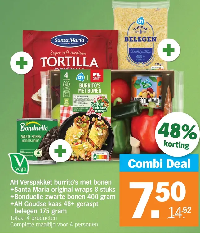Aanbieding: Verspakket burrito's met bonen + Santa Maria original wraps + Bonduelle zwarte bonen + AH Goudse kaas 48+ geraspt belegen