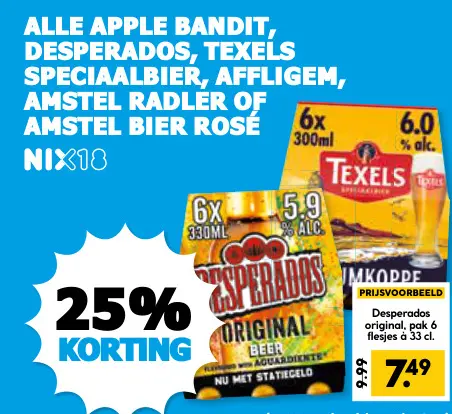 Aanbieding: Alle Apple Bandit, Desperados, Texels speciaalbier, Affligem, Amstel Radler of Amstel bier rosé