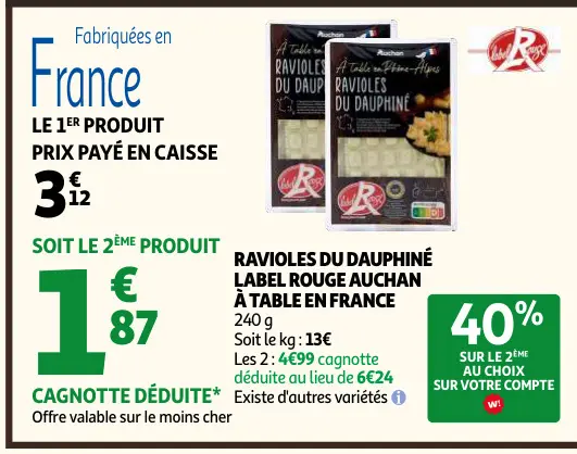Offre: Ravioles du dauphiné label rouge Auchan a table en France