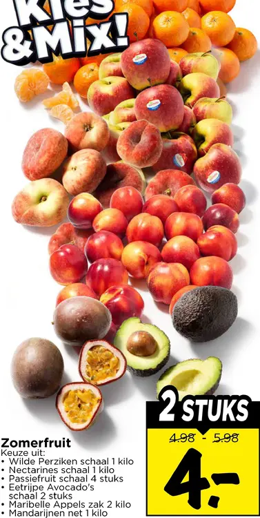Wilde perziken, nectarines, passiefruit, eetrijpe avocado's, Maribelle appels en mandarijnen