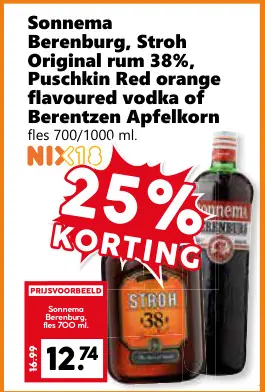 Aanbieding: Sonnema Berenburg, Stroh Original rum 38%, Puschkin Red Orange flavoured vodka of Berentzen Apfelkorn