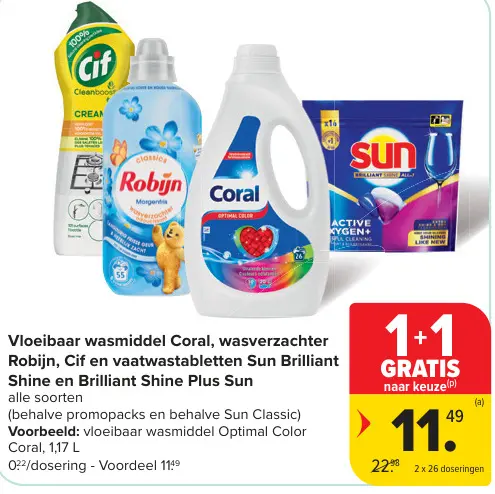 Promotie: Vloeibaar wasmiddel Coral, wasverzachter Robijn, Cif en vaatwastabletten Sun Brilliant Shine en Brilliant Shine Plus Sun