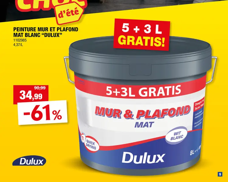 Offre: Dulux peinture mur & plafond mat 8l blanc