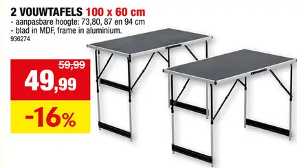 Promotie: vouwtafel 100x60 cm grijs/zwart 2 stuks