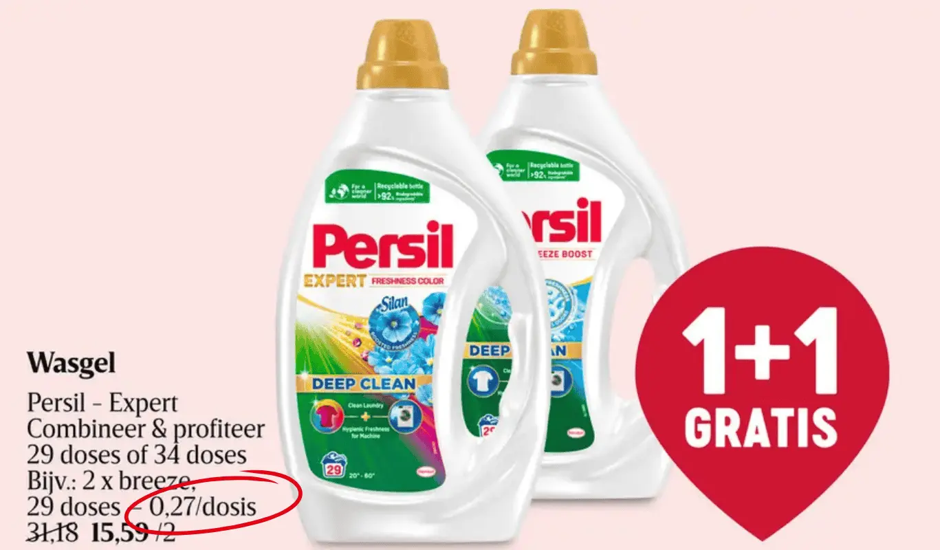 Persil wasgel promotie bij Delhaize, twee flessen wasmiddel 1+1 gratis