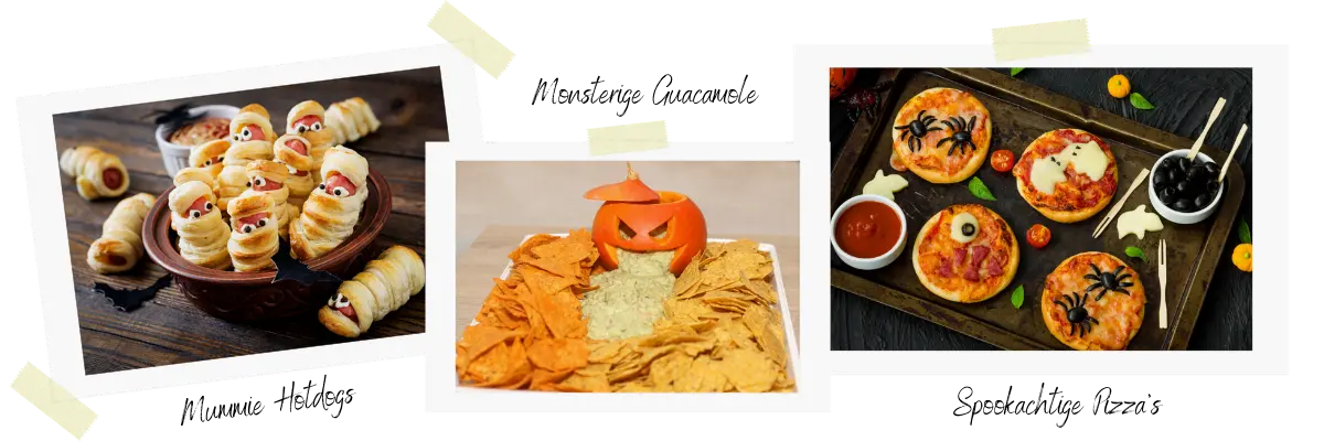 Hapjes voor halloween - Mummie hotdogs - Monsterige Guacamole - Spookachtige pizza's