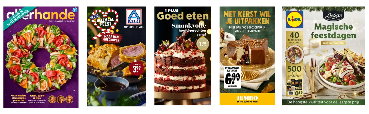 De kerstfolders die staan op AlleFolders.nl. De kerstfolders zijn van de Albert Heijn, Aldi, PLUS, Jumbo en Lidl