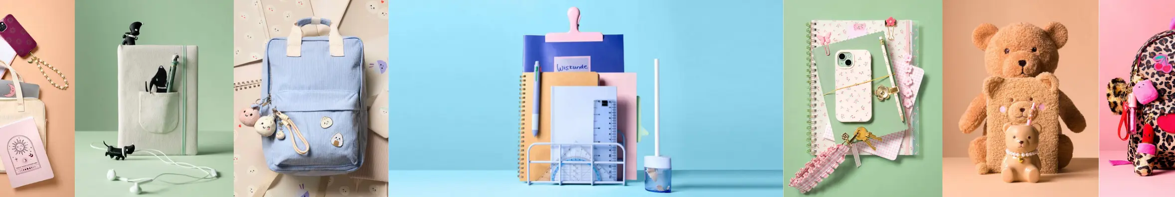 collage van HEMA schoolspullen: rugzak, schoolbenodigdheden en knuffel voor terug naar school