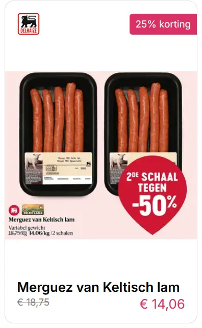 Aanbieding Merguez van Keltisch lam 2e schaal -50% korting marketingtruc voorbeeld