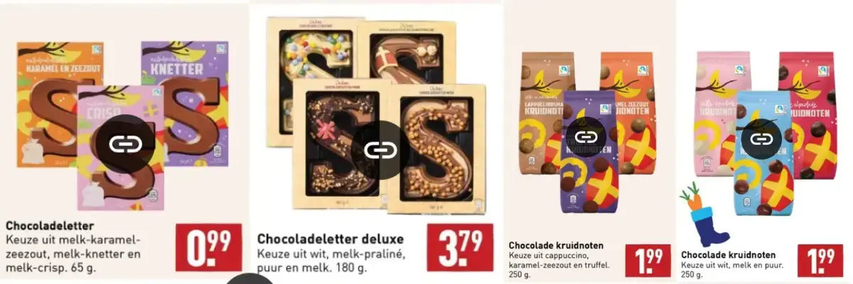 Lekkernijen in de aanbieding voor Sinterklaas uit de folders. Chocoladeletters en chocolade kruidnoten.