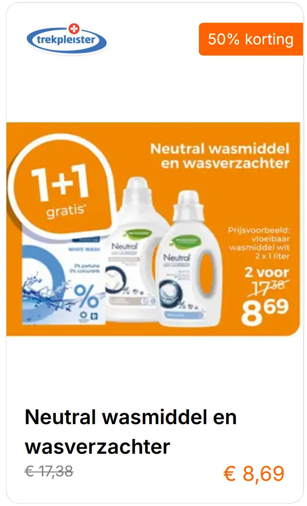 Neutral wasmiddel en wasverzachter aanbieding bij Trekpleister, 1+1 gratis 