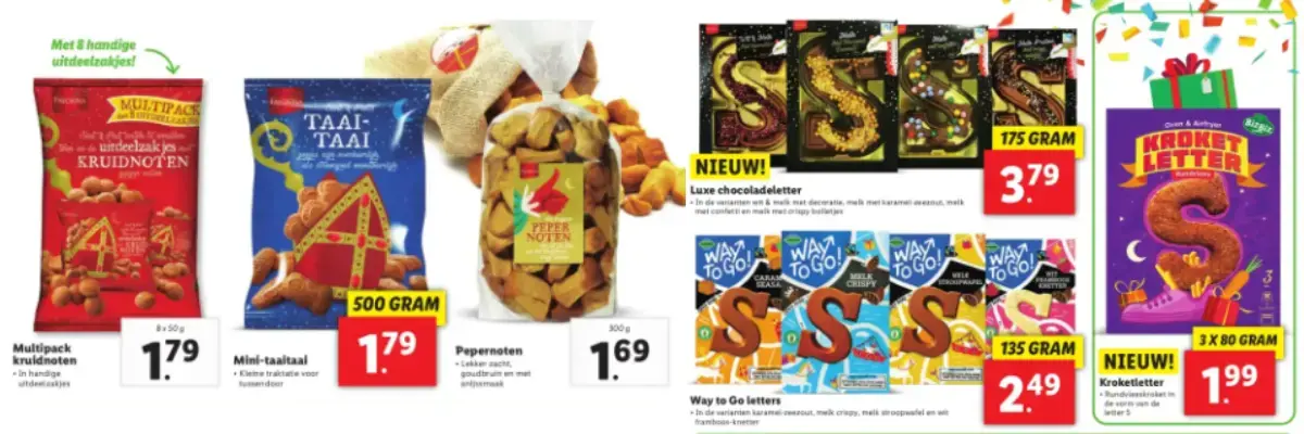 Lekkernijen in de aanbieding voor Sinterklaas uit de folders. Kruidnoten, TaatTaat en pepernoten.