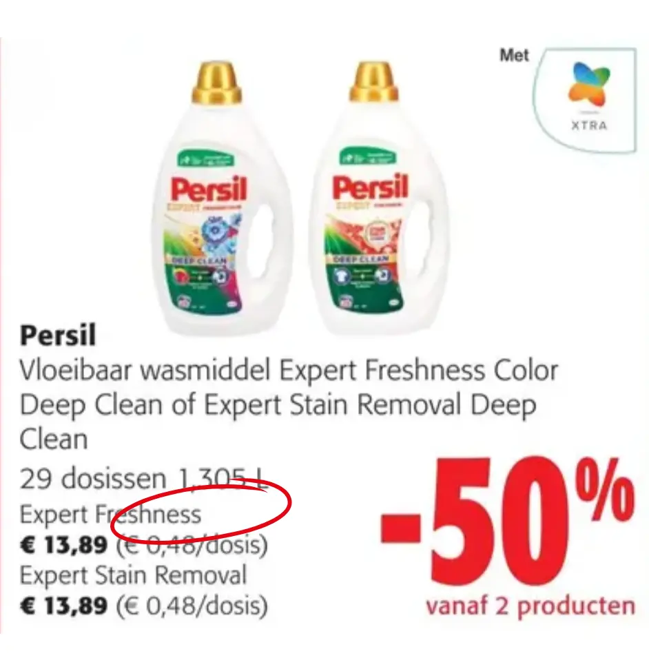Persil vloeibaar wasmiddel bij Colruyt. 50% korting bij 2 producten. 2 flessen Persil wasmiddel