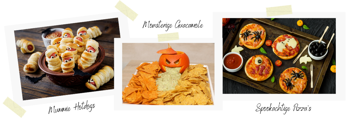 Hapjes voor halloween - Mummie hotdogs - Monsterige Guacamole - Spookachtige pizza's